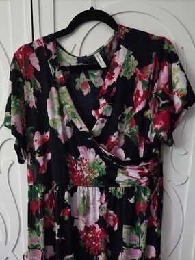 Emerald Floral Wrap Maxi Dress with Pink & Green Blooms